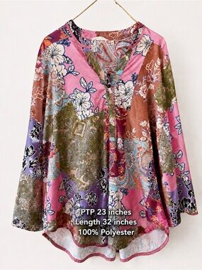 NWOT Polyester XL Pink Floral Paisley Tunic Style Blouse